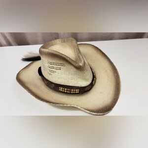 Womens Country Concert Straw Hat Size Small with Turquoise Bead Hatband Western